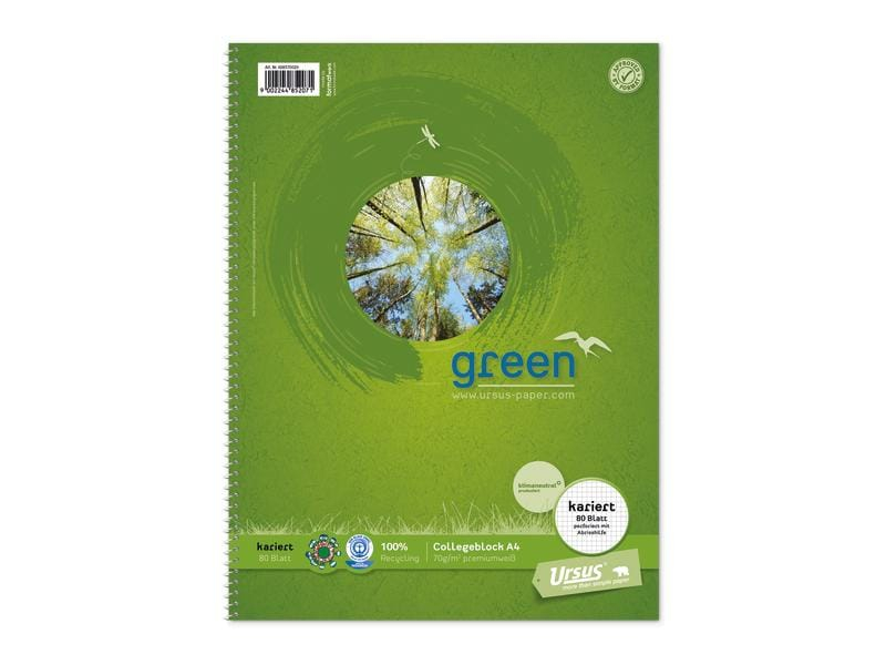 Ursusgreen Spiralblock Green Collegeblock A4, Kariert, 80 Blatt, Detailfarbe: Grün, Motiv: Uni, Papierformat: A4, Anzahl Blatt: 80 ×