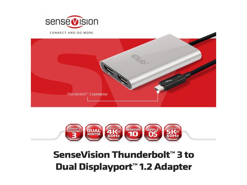 Club 3D Adapter MST Hub USB Thunderbolt 3 - 2x DisplayPort 1.2, Videoanschluss Seite A: DisplayPort, Auflösung Max.: 5120 x 2880, Max. gleichzeitige Displays: 2, Schnittstelle Hardware: Thunderbolt, Kabellänge: 27 cm