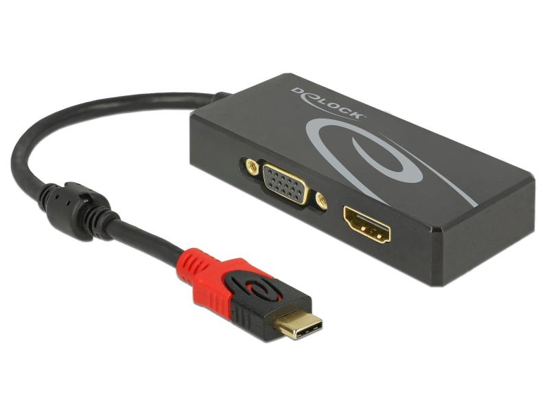 Delock 2-Port Signalsplitter USB-C - 1xHDMI & 1xVGA, Anzahl Ports: 2, Schnittstellen: USB Typ C, Signalverstärkung: Passiv