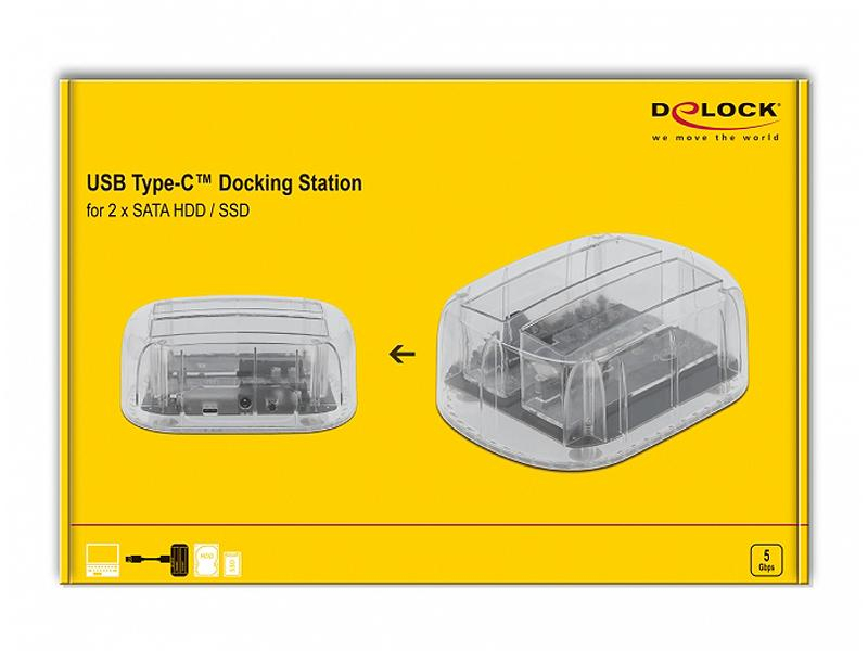 Delock Dockingsstation 64090 2x SATA HDD/SSD, Card Reader: Kein, Datenanschluss Seite A: Type-A USB 3.1 Gen 1 (USB3.0), Stromversorgung: 100-240 V, Farbe: Transparent, Speicherschnittstelle: SATA III (6Gb/s), Festplatten Formfaktor: 2.5", 3.5"