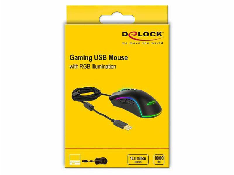 Delock Gaming-Maus 12670 Optical 7-Button USB, Maus Features: Beleuchtung; Scrollrad; Programmierbare DPI-Einstellung; Daumentaste; Geflechtkabel; Griffige Seitenflächen; Programmierbare Tasten, Bedienungsseite: Rechtshänder, Farbe: Schwarz, Gewicht: 14