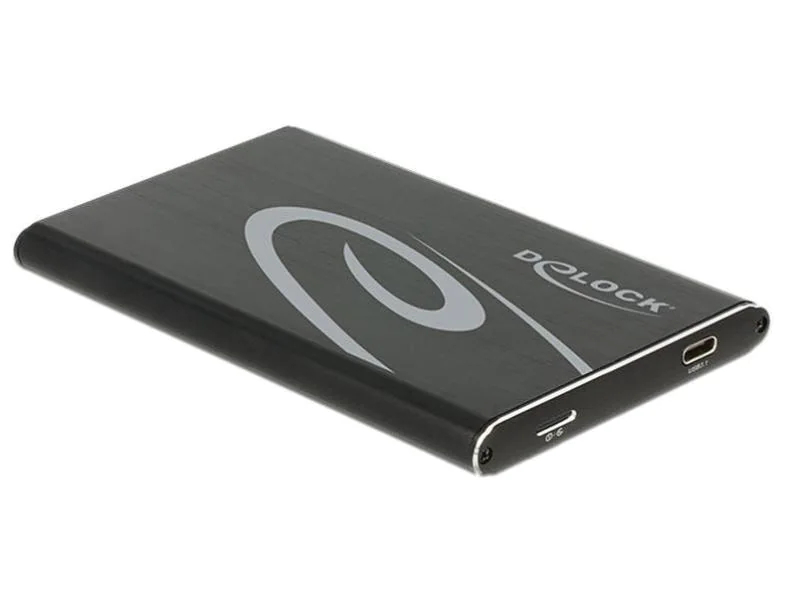 Delock Externes Gehäuse USB 3.1 Gen2 - SATA HDD/SSD 2.5" bis 7mm, Widerstandsfähigkeit: Keine, Anzahl Laufwerkschächte: 1 ×, Stromversorgung: USB, Farbe: Schwarz, Schnittstellen: Type-C USB 3.1 Gen 2, Material: Aluminium, Speicherschnittstelle: SATA I