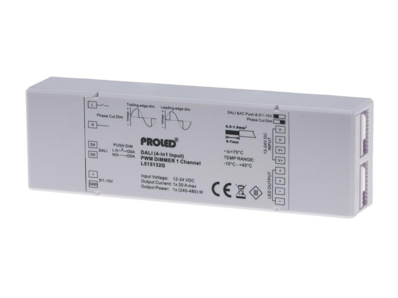 PROLED DALI 4-in-1 Input PWM Dimmer 1-Kanal, Anwendung: Monochrom, Ausgangsspannung von: 12 V, Ausgansspannung bis: 24 V, Länge: 54 mm, Breite: 170 mm, Höhe: 28 mm