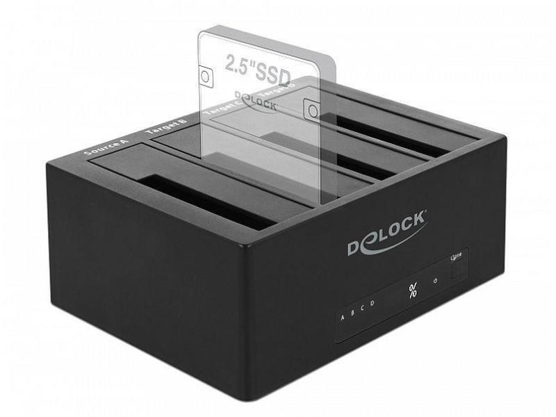 Delock Docking- und Klonstation 64063 für 4x SATA HDD / SSD, Card Reader: Kein, Datenanschluss Seite A: USB 3.0, Stromversorgung: Netzteil, Farbe: Schwarz, Speicherschnittstelle: SATA III (6Gb/s), Festplatten Formfaktor: 2.5"; 3.5"
