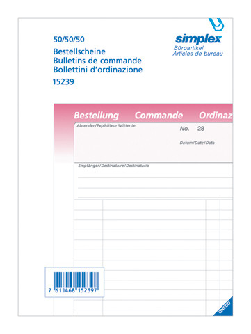 SIMPLEX Bestellschein Vertreter DFI A5 15239 rosa/gelb/weiss 50x3 Blatt