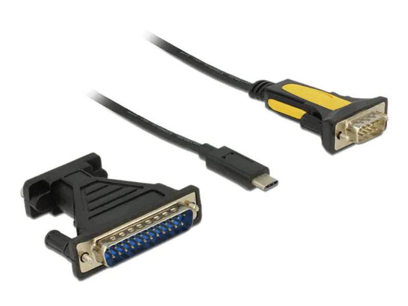 DeLock 62905 Adapter USB Type-C zu Seriell, Typ: Adapterkabel, Datenanschluss Seite A: USB Type-C, Datenanschluss Seite B: RS-232 DB9 Stecker; DB25 Buchse, Kabellänge: 1.8 m, Chipsatz: Prolific PL2303RA
