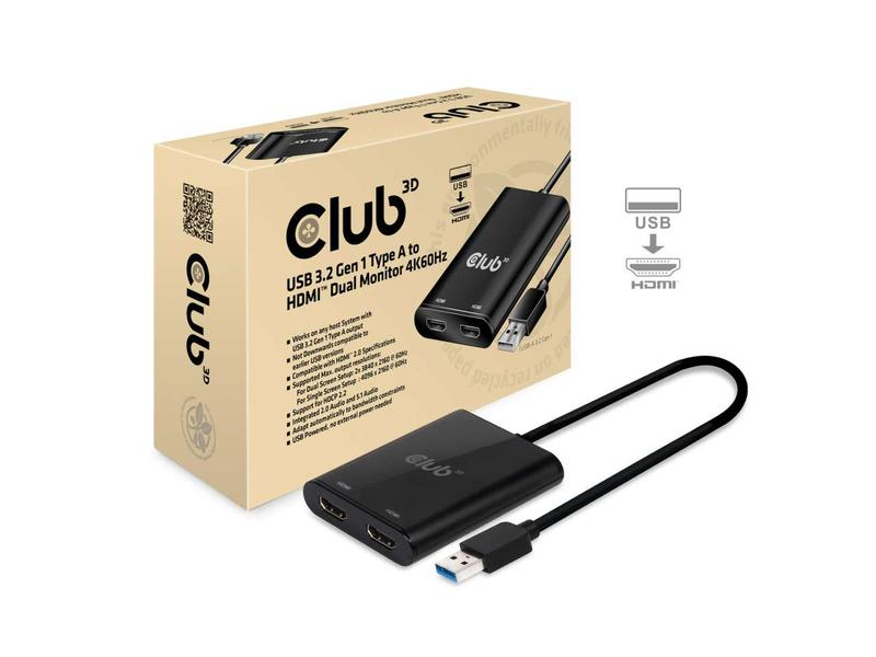 Club 3D Adapter MST Hub USB Typ-A 3.1 - 2x HDMI 2.0, Videoanschluss Seite A: HDMI, Auflösung Max.: 3840 x 2160 (Ultra HD 4K), Max. gleichzeitige Displays: 2, Schnittstelle Hardware: USB 3.0, Kabellänge: 27 cm