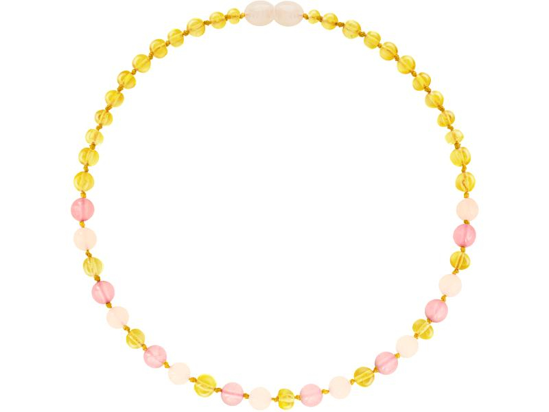 Amberos Bernsteinkette Lemon mit Edelsteinen Pink-Jade und Quarz, Kettentyp: Halskette
