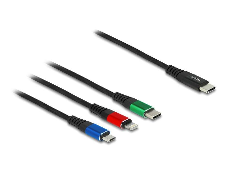 Delock USB-Ladekabel USB C - Lightning/Micro-USB B/USB C 0.3 m, Kabeltyp: Ladekabel, Detailfarbe: Grün, Schwarz, Rot, Blau, USB Standard: 2.0 (480 Mbps), Länge: 0.3 m, USB Anschluss 2 (Endgerät): USB C, Lightning, Micro-USB B, Geschlecht Anschluss 2 (E