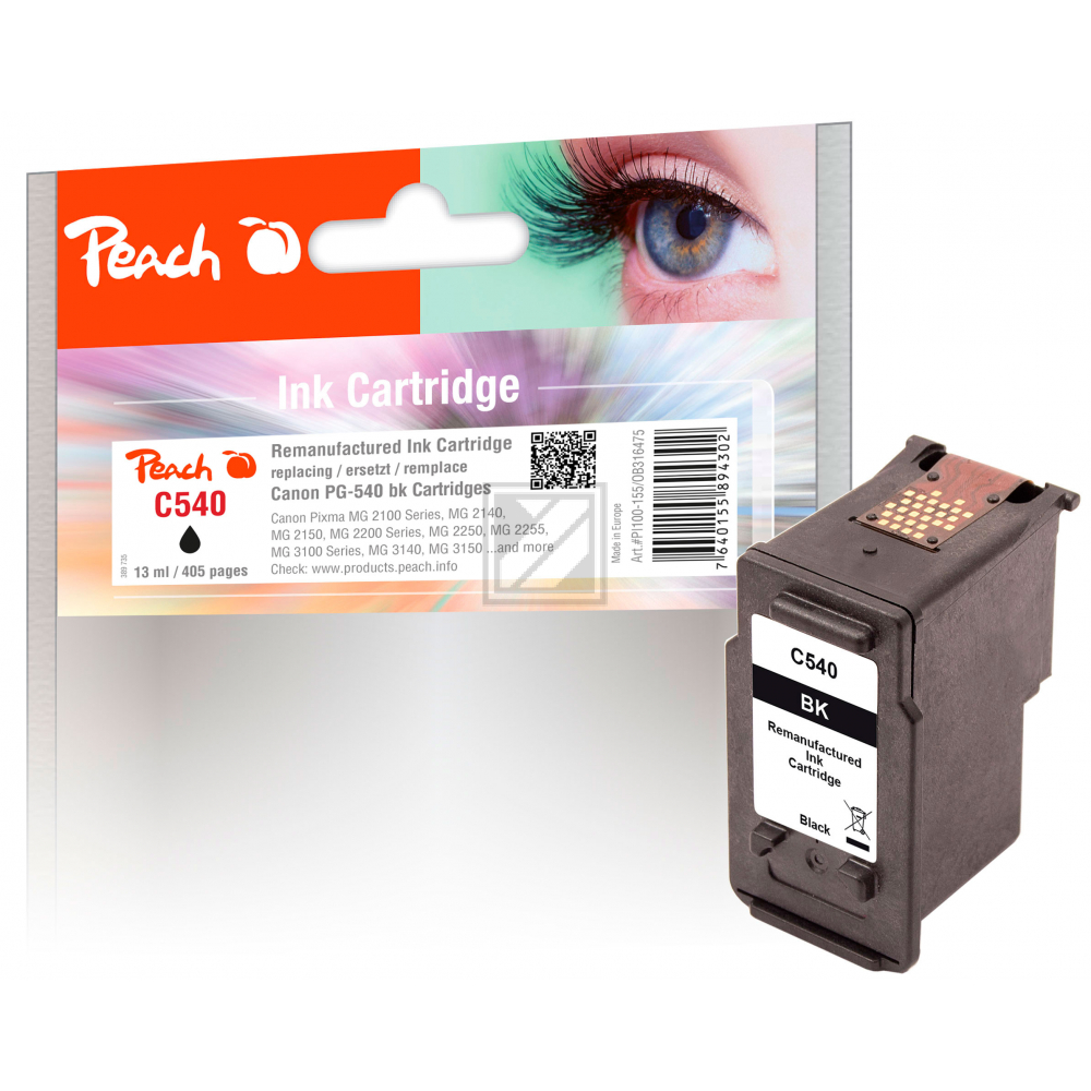Peach Druckkopf Canon PG-540 black, 13ml 180 Seiten, zu Pixma MG2140,2150,2250,3140,3150,3250,4140,