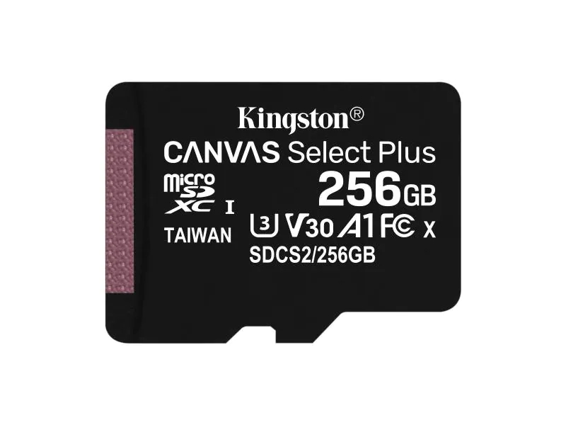 Kingston microSDXC-Karte Canvas Select Plus 256 GB, Speicherkartentyp: Micro-SDXC, Speicherkapazität: 256 GB, Geschwindigkeitsklasse: Class 10; U3; UHS-I; V30, Lesegeschwindigkeit max.: 100 MB/s, Schreibgeschwindigkeit max.: 85 MB/s, Speicherkartenadapte