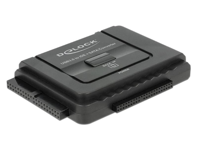 Delock Konverter 61486 USB 3.0 auf SATA III / IDE 40 Pin / IDE 44 Pin, Card Reader: Kein, Datenanschluss Seite A: USB 3.0, Stromversorgung: Netzteil, Farbe: Schwarz, Speicherschnittstelle: SATA III (6Gb/s), Festplatten Formfaktor: 2.5", 3.5"