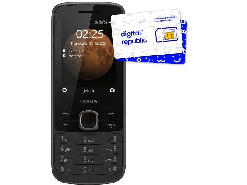 Nokia 225 4G inkl. SIM-Karte von Digital Republic, Card Reader: Micro-SD, Verbindungsmöglichkeiten: Kopfhörer 3.5mm Klinke, Micro-USB, Eingabegeräte: Tastatur, Maximale Speichererweiterung: 32 GB, Speicherkapazität total: 0.128 GB, Detailfarbe: Schwar