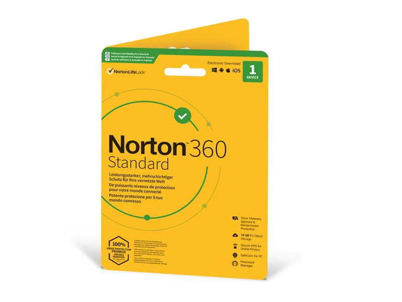 Norton 360 Standard Sleeve, 1 Device, 1 Jahr, Produktfamilie: Norton 360, Produktserie: Standard, Lizenztyp: Vollversion, Lizenzdauer: 1 J., Kundenart: Privatkunde, Keine Kreditkartenangaben bei Installation notwendig.