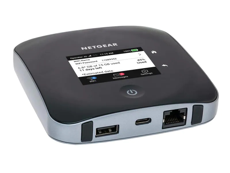 Netgear LTE Router MR2100-100EUS Nighthawk M2 Mobile Router, Display vorhanden, Farbe: Schwarz, Mobilfunk Standard: 4G (LTE-Advanced), Schnittstellen: USB 3.0 Typ C; USB Typ A; RJ-45 (1000Mbps), Antennenanschluss Hardware: TS-9