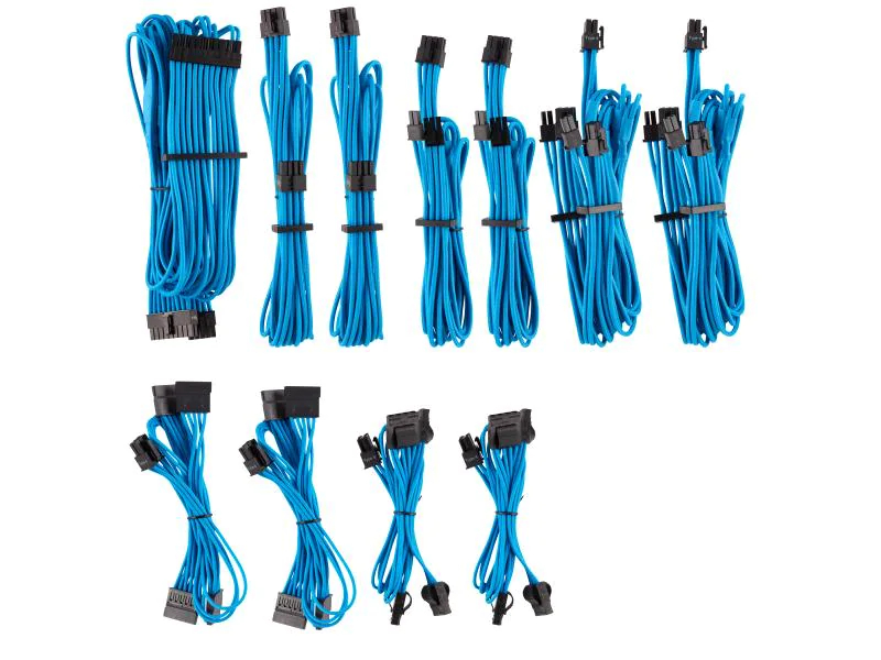 Corsair Stromkabel Premium Pro-Kit Typ 4 Gen 4 Blau, Kabeltyp: Kabelsatz, Stromanschluss Seite A: 24-Pin (ATX); 8 Pin EPS; 8 Pin (6+2); SATA, Stromanschluss Seite B: 24-Pin (ATX); 8 Pin EPS; 8 Pin (6+2); SATA, Kabellänge: 61 cm, Blau