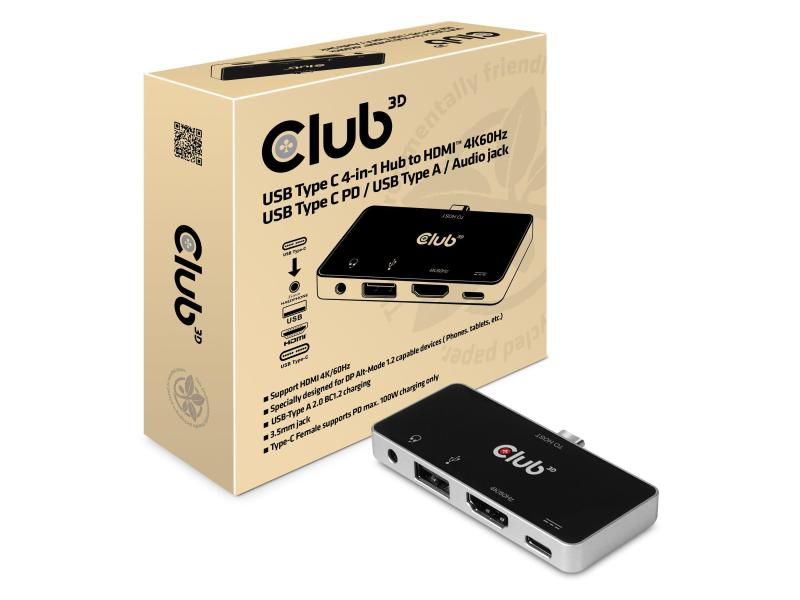 Club 3D Dockingstation CSV-1591 4-in-1 USB 3.1 Typ C 4K60Hz, Ladefunktion, Dockinganschluss: USB-C, Kompatible Hersteller: Universal