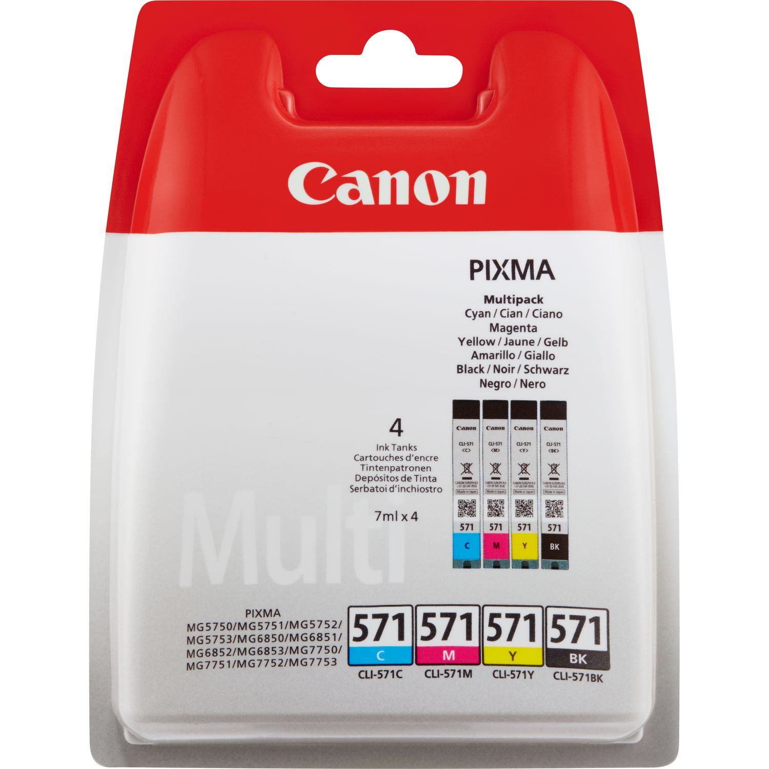 CANON CLI571 | Tintenpatronen Combopack schwarz, cyan, magenta und gelb | 4er Set | MG5750 / MG6850 / MG7750