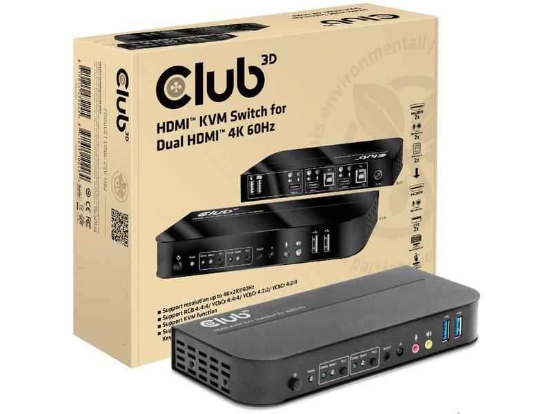 Club 3D KVM Switch CSV-1382, Konsolen Ports: HDMI Typ A, DisplayPort, USB 2.0, Computer Ports: 2x DisplayPort (Dual View), KVM-Art: Lokal, Anzahl Geräte: 2, Montage: Tisch, Stromversorgung: Externes Netzteil