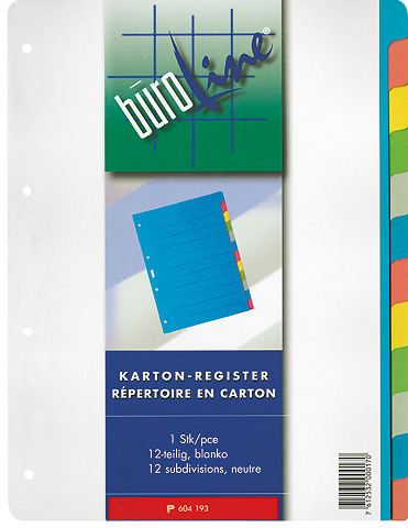BÜROLINE Register Karton farbig A4 604193 12-teilig