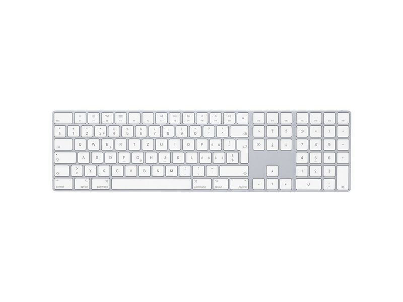 Apple Magic Keyboard mit Ziffernblock CH-Layout Tastatur Typ: Standard, Business, Tastaturlayout: QWERTZ (CH), Tastatur Features: Bluetooth, Keyboard Tasten: Chiclet (Notebook), Farbe: Silber, Weiss, Verbindung Maus/Tastatur: Bluetooth, Material: Aluminiu