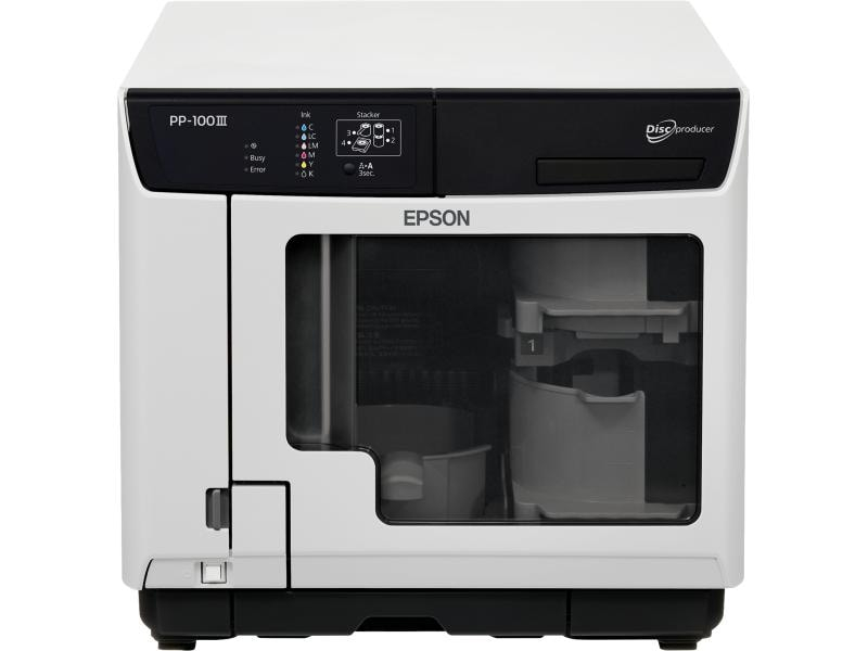 Epson Autoprinter DiscProducer PP-100III, Drucktechnik: Tintenstrahl, Schnittstellen: USB, Tiefe: 493 mm, Druckauflösung: 1440 x 720 dpi, Breite: 377 mm, Druckgeschwindigkeit (schwarz-weiss): 1.1 lpm
