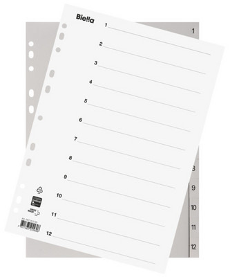 Biella Register A4 1 - 12 mit Indexblatt, Einteilung: 1-12, Überbreite: Nein, Material: Polypropylen, Farbe: Weiss, Grau