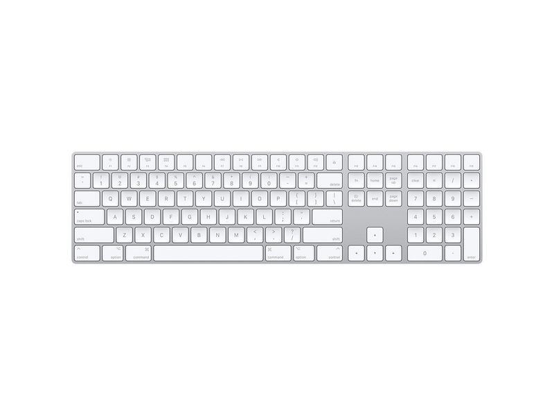 Apple Magic Keyboard mit Ziffernblock US-Layout Tastatur Typ: Standard, Business, Tastaturlayout: QWERTY (US), Tastatur Features: Bluetooth, Keyboard Tasten: Chiclet (Notebook), Farbe: Silber, Weiss, Verbindung Maus/Tastatur: Bluetooth, Material: Aluminiu