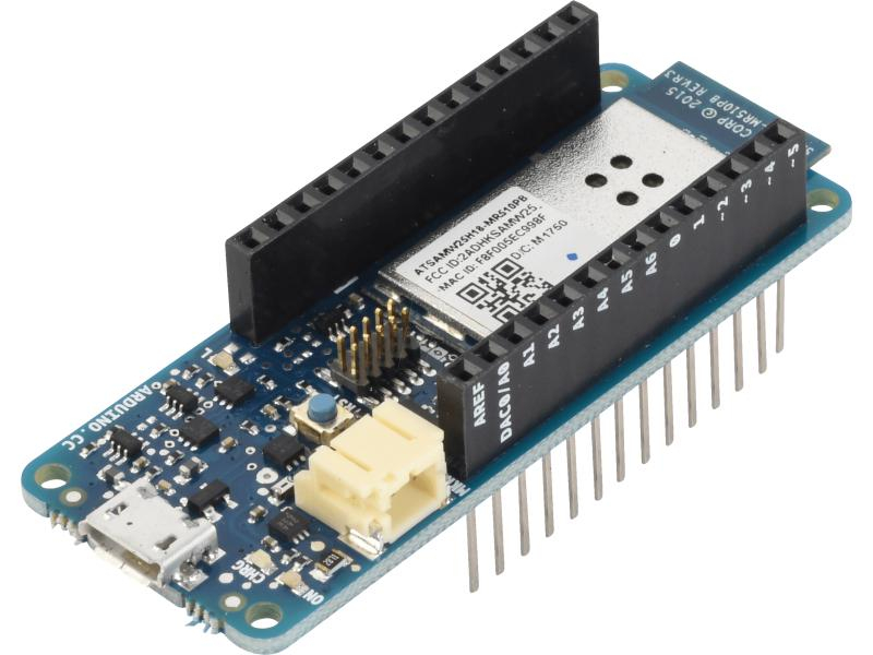 Arduino Entwicklerboard MKR1000 WIFI mit Stiftleisten, Prozessorfamilie: ARM Cortex M0+, Anzahl Prozessorkerne: 1, Audiokanäle: Keine, Schnittstellen: UART; SPI; I²C; Micro-USB