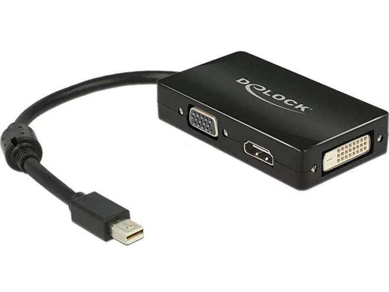 DeLock Multiadapter Mini-DisplayPort - HDMI DVI-D VGA, Typ: Multiadapter, Videoanschluss Seite A: Mini-DisplayPort, Videoanschluss Seite B: HDMI; DVI-D; VGA, Es kann nur ein Monitor am Adapter betrieben werden gleichzeitig.
