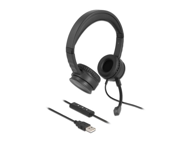 Delock Headset USB Stereo, Mikrofon Eigenschaften: Stummschaltung, Wegklappbar, Trageform: On-Ear, Verbindung zum Endgerät: USB, Trageweise: Duo, Tragestil: Überkopfbügel, Detailfarbe: Schwarz