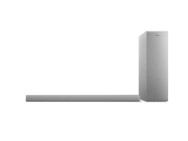 Philips Soundbar TAB6405/10, Verbindungsmöglichkeiten: 3,5 mm Klinke, HDMI, Bluetooth, USB, Toslink, Audiokanäle: 2.1, Farbe: Silber, Soundbar Typ: Soundbar mit kabellosem Subwoofer, Ausstattung: Bluetooth