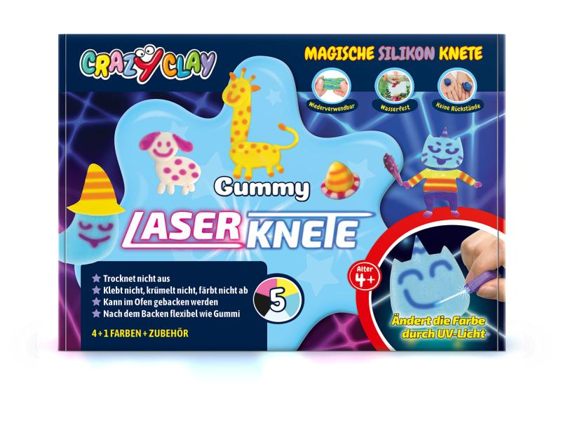 CrazyClay Modelliermasse Gummy Laser 4-teilig, Packungsgrösse: 5 Stück, Set: Ja, Anwender: Erwachsene, Kinder, Hobbyanwender, Farbe: Mehrfarbig, Effekte: Wechselt Farbe durch UV-Licht, Modelliermasse Art: Modelliermasse