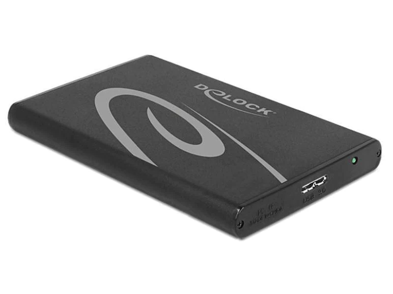 Delock Externes Gehäuse USB 3.0 - SATA HDD / SSD 2.5" bis 9,5mm, Widerstandsfähigkeit: Keine, Anzahl Laufwerkschächte: 1, Stromversorgung: USB, Lüfter vorhanden: Nein, Farbe: Schwarz, Schnittstellen: USB Mini-B