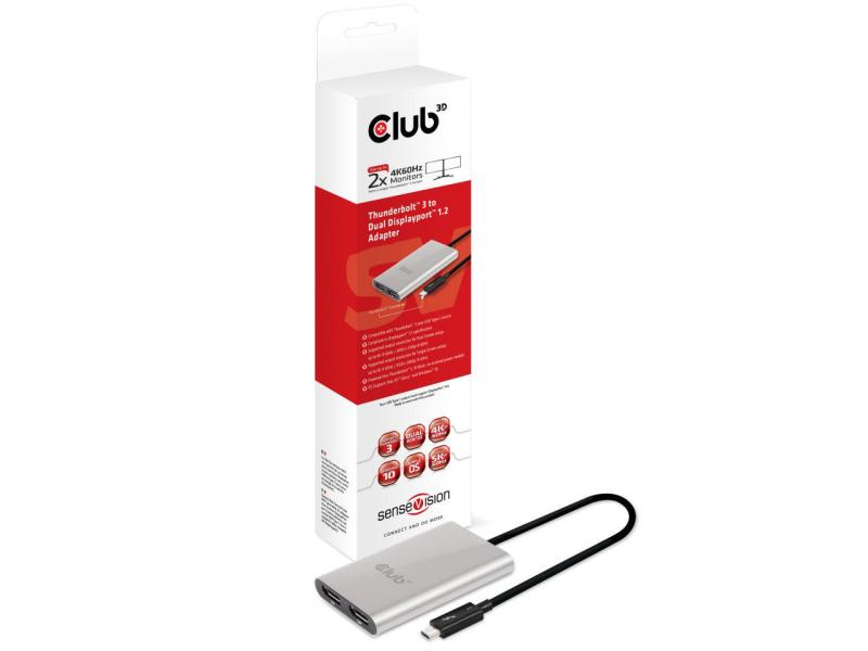 Club 3D Adapter MST Hub USB Thunderbolt 3 - 2x DisplayPort 1.2, Videoanschluss Seite A: DisplayPort, Auflösung Max.: 5120 x 2880, Max. gleichzeitige Displays: 2, Schnittstelle Hardware: Thunderbolt, Kabellänge: 27 cm