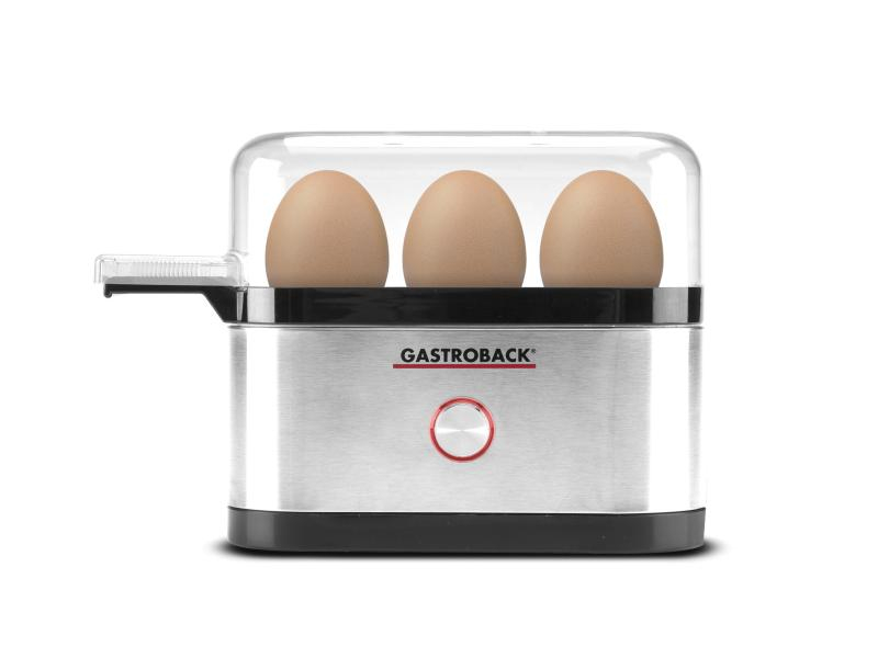 Gastroback Eierkocher Design Mini 3 Eier Silber, Automatische Temperaturkontrolle, Farbe: Silber, Anzahl Eier: 3 Eier, Material: Edelstahl, Einstellbarer Härtegrad, Betriebsart: Netzbetrieb