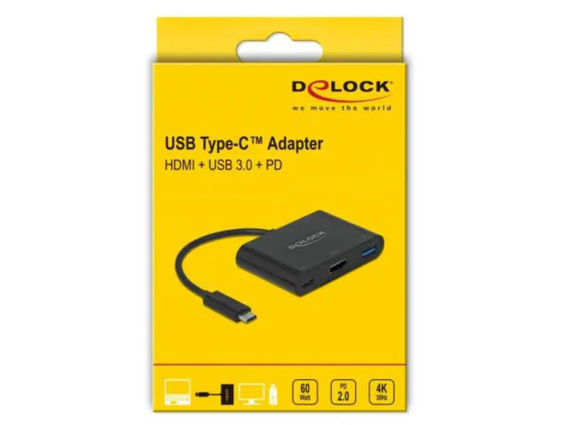 Delock Multiadapter USB Type-C - HDMI, USB3.0-A, USB-C-PD schwarz, Kabeltyp: Multiadapter, Videoanschluss Seite A: USB Type-C, Videoanschluss Seite B: USB Type-C, HDMI, USB 3.0