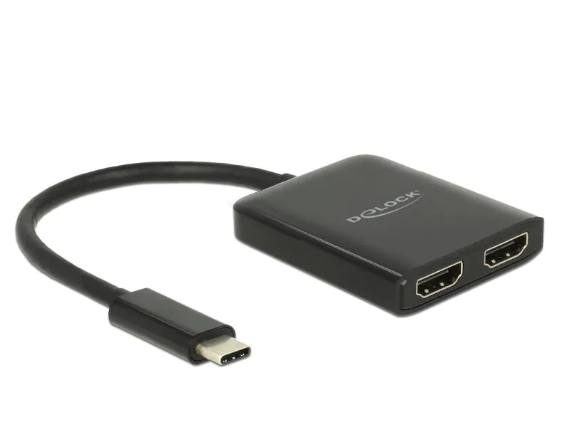 DeLock Multiadapter USB-C - 2x HDMI out 4K 30Hz Splitter Schwarz, Kabeltyp: Multiadapter, Videoanschluss Seite A: USB Type-C, Videoanschluss Seite B: HDMI, Bild erweitern geht nur unter Windows