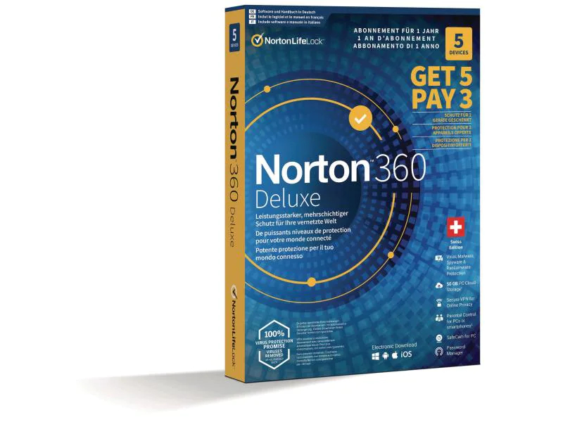 Norton 360 Deluxe - Promotion Box, 5 Device, 1 Jahr, Produktfamilie: Norton 360, Produktserie: Deluxe, Lizenztyp: Vollversion, Lizenzdauer: 1 J., Kundenart: Privatkunde, Keine Kreditkartenangaben bei Installation notwendig.
