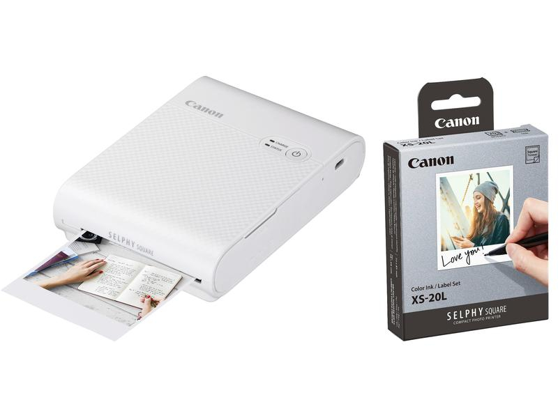 Canon Fotodrucker SELPHY Square QX10 + Papierset XS-20L Weiss, Drucktechnik: Thermosublimationsdruck, Funktionen: Drucken, Detailfarbe: Weiss, Medienformat: 72 x 85 mm, Druck erste Seite: 43 s, Bluetooth: Nein