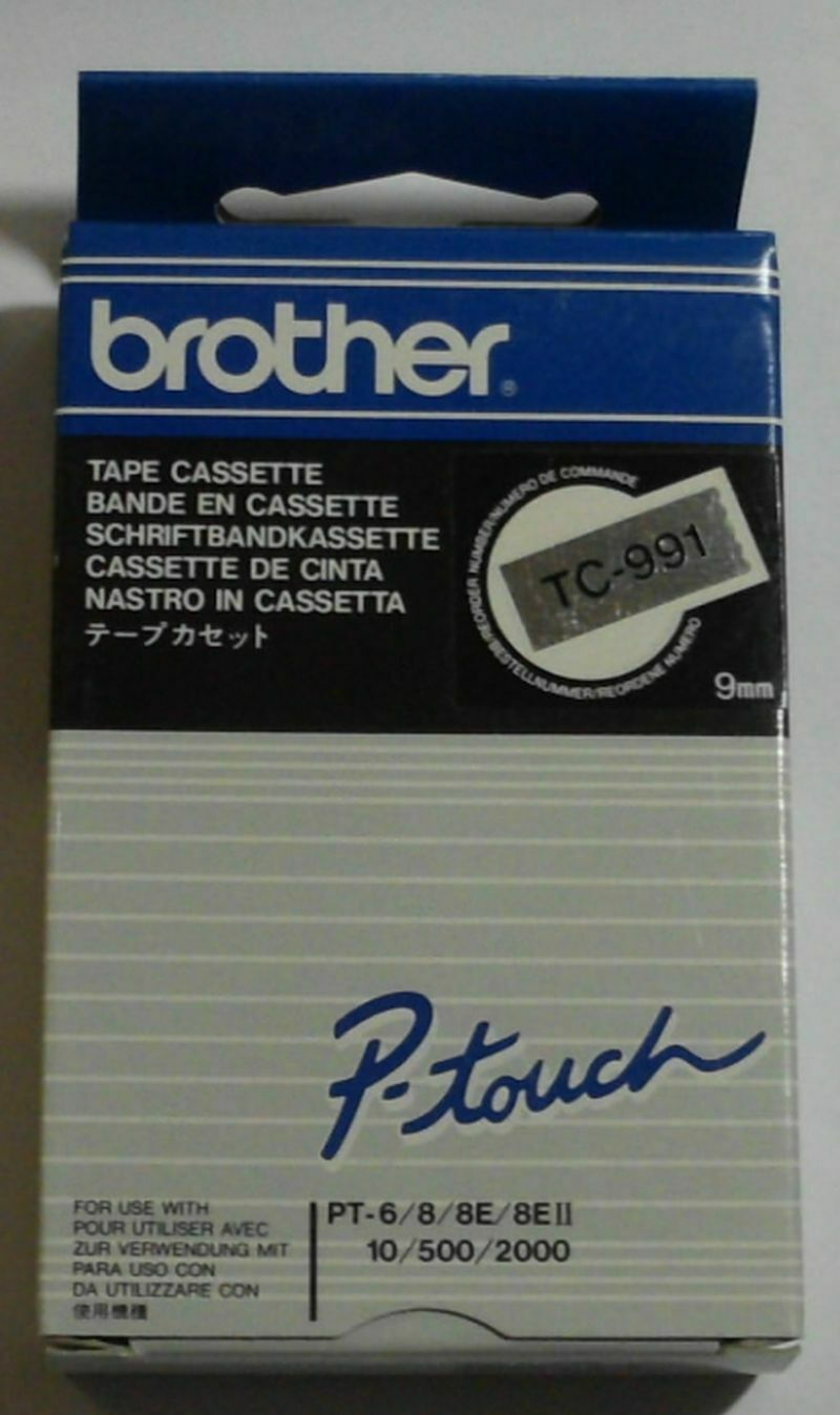 Brother Schriftbandkassette TC-991 9mm 7.7m Druckfarbe schwarz Bandfarbe silber