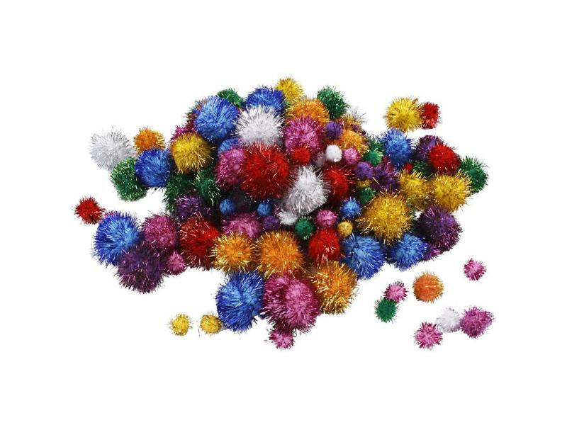 Creativ Company Pompon 5-40 mm Glitzer, 150 Stück, farbig assortiert, Material: Wolle, Farbe: Mehrfarbig