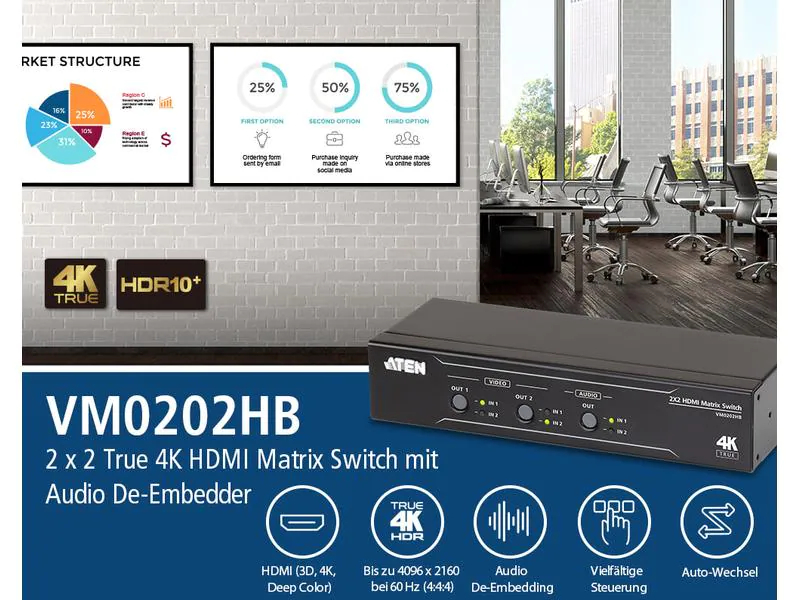 Aten Matrix Switcher VM0202HB, Stromversorgung: Externes Netzteil, Max. Auflösung: 4096 x 2160 (4K), Anzahl Eingänge: 2 ×, Anzahl Ausgänge: 2 ×, Eingänge: HDMI, Ausgänge: HDMI