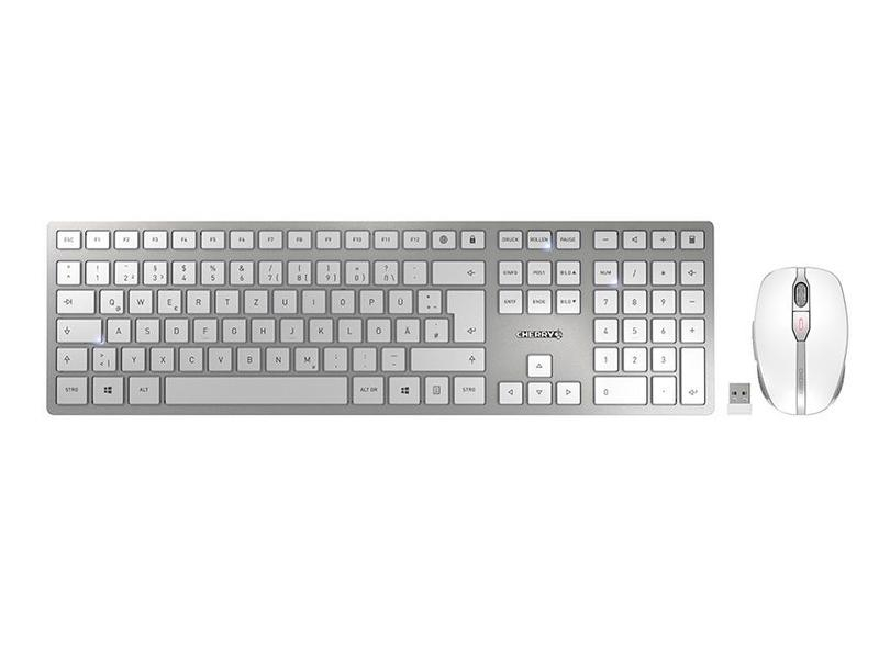 Cherry Tastatur-Maus-Set DW 9100 Slim Weiss / Silber, Maus Features: Scrollrad, Umschaltbare DPI-Auflösung, Daumentaste, Tastatur Typ: Business, Tastaturlayout: QWERTZ (CH), Tastatur Features: Einstellbarer Neigungswinkel, Ziffernblock, Hotkeys, Keyboard