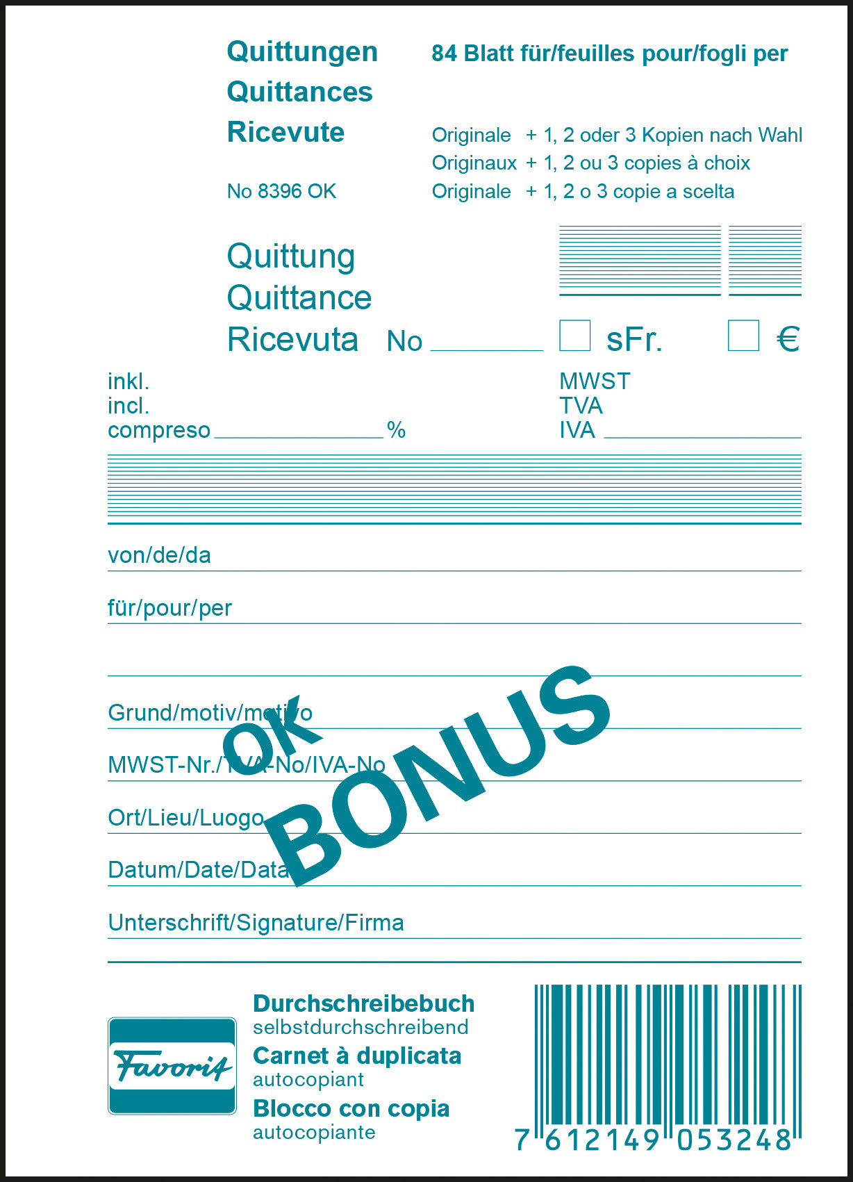FAVORIT Quittungen OK BONUS D/F/I A6 8396 OK Durchschreibepapier 84 Blatt