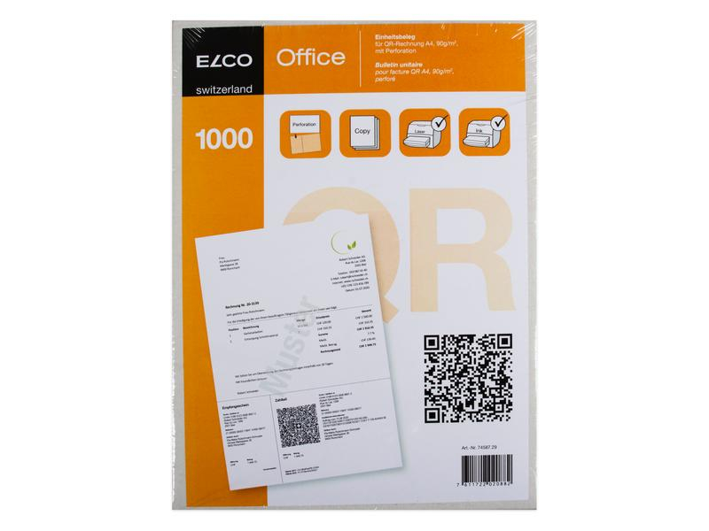 ELCO Rechnungsformular für QR-Rechnungen, 1000 Stück, Formular Typ: Rechnungsformular, Medienformat: A4, Verpackungseinheit: 1000 Stück