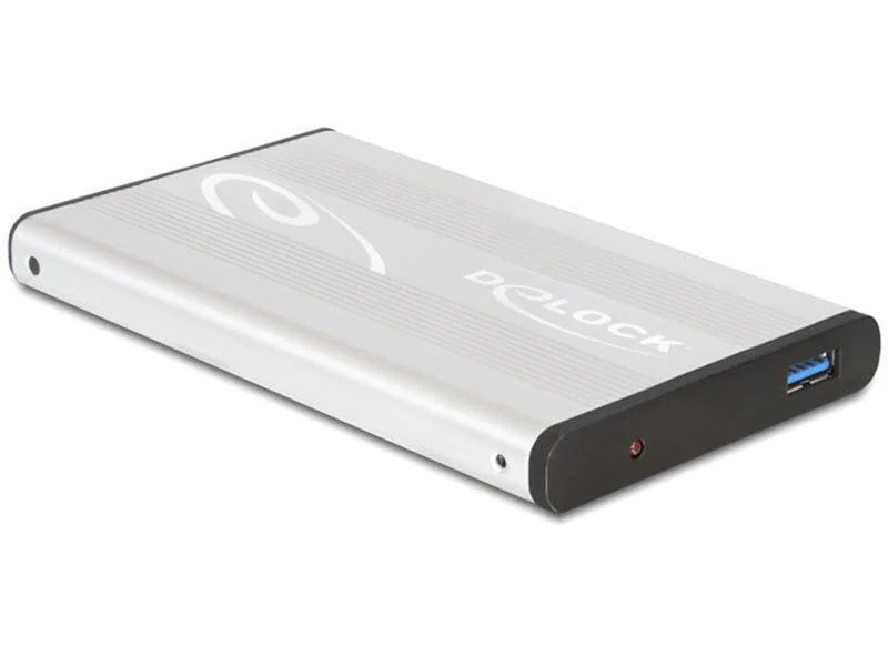 Delock Externes Gehäuse USB 3.0 - SATA HDD / SSD 2.5", Widerstandsfähigkeit: Keine, Anzahl Laufwerkschächte: 1 ×, Stromversorgung: USB, Farbe: Silber, Schnittstellen: USB Typ A, Material: Aluminium, Speicherschnittstelle: SATA II (3Gb/s), Laufwerk For